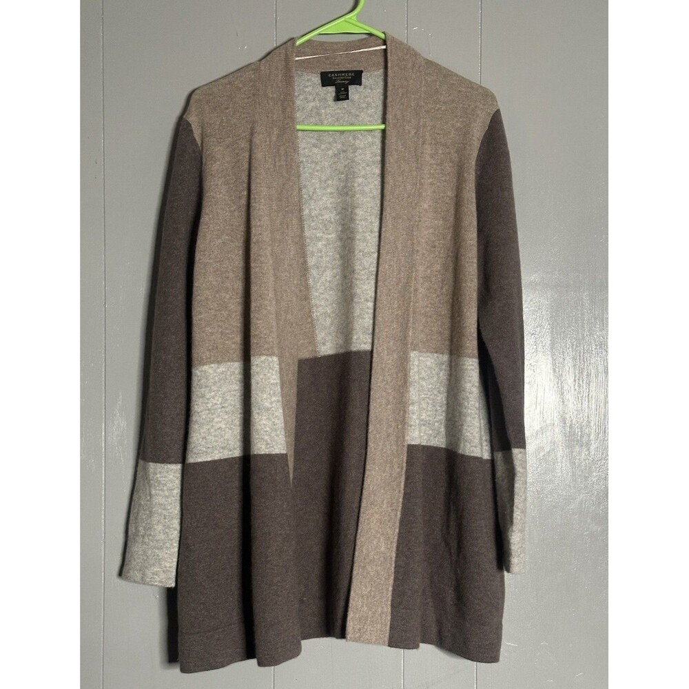 Charter Club Luxury Cashmere Womens M Neutral Colorblock Open Cardigan Sweater